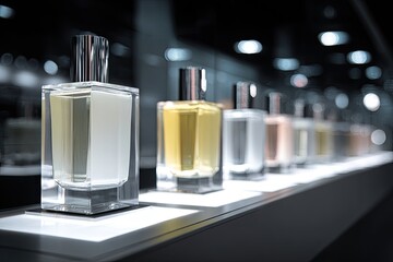 Fototapeta premium Elegant perfume bottles displayed in a row on a shelf with soft lighting.