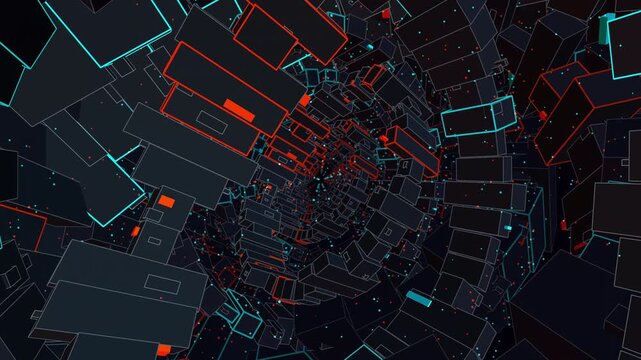 Massive brutalist gyroscopic rings and glowing quantum dust. Mathematically perfect seamless loop. Procedurally generated 3D mega-structure with neon circuitry crossing a dense cosmic void.