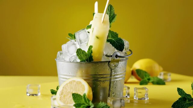 Vibrant lemon and fresh mint popsicles, naturally sweetened and perfectly chilled on ice, embodying a delightful and refreshing summer treat for warm weather enjoyment