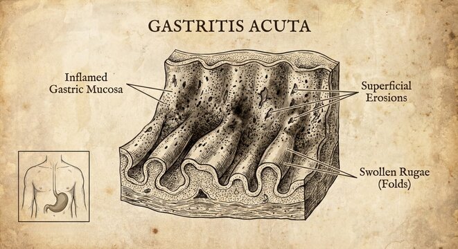 Vintage medical illustration acute gastritis stomach lining diagram.