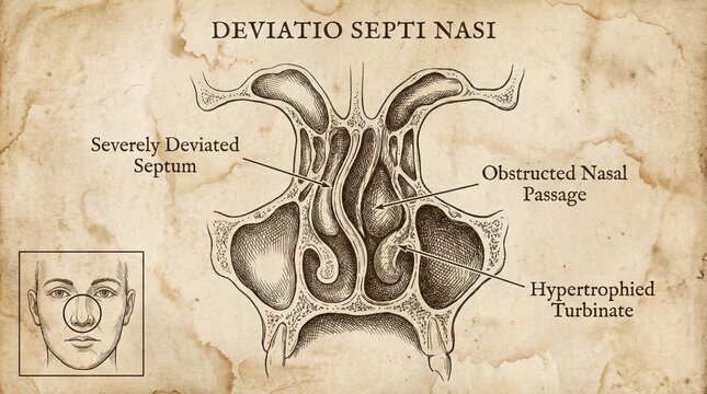 Detailed Deviated Septum Illustration - Obstructed Nasal Passages, Hypertrophied Turbinates.