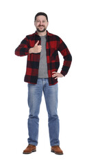 Fototapeta premium Smiling long-haul truck driver in red checkered shirt showing thumbs up on white background