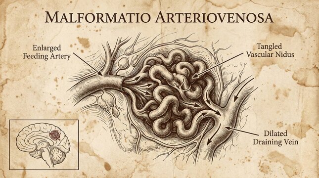 Detailed Arteriovenous Malformation Illustration, Medical Diagram, Brain AVM.