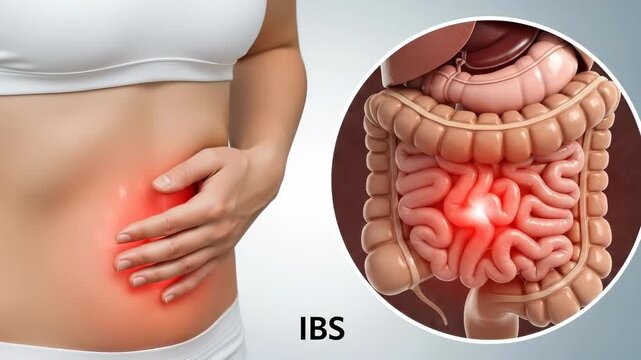 Woman experiencing severe abdominal discomfort, a detailed medical illustration depicting human internal intestinal disease, digestive system pain, Irritable Bowel Syndrome, health concept