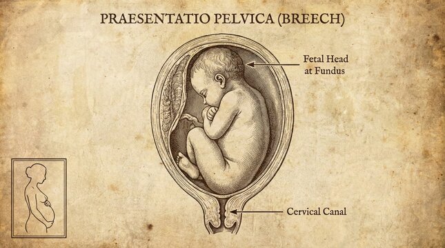Vintage medical illustration breech presentation fetus, anatomical diagram.