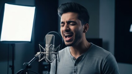 Harmonious Voice: A passionate vocalist pours his heart into song, the microphone capturing the raw emotion and artistry of his performance.
