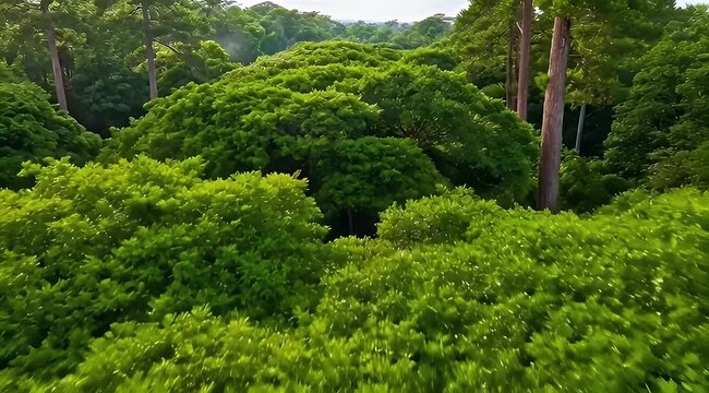 Panoramic view of lush green forest canopy with tall trees reaching skyward