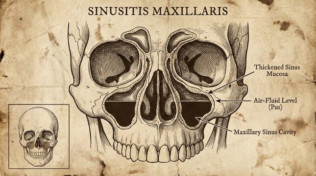 Detailed Sinusitis Maxillaris Illustration - Human Skull Anatomy, Medical Diagram.