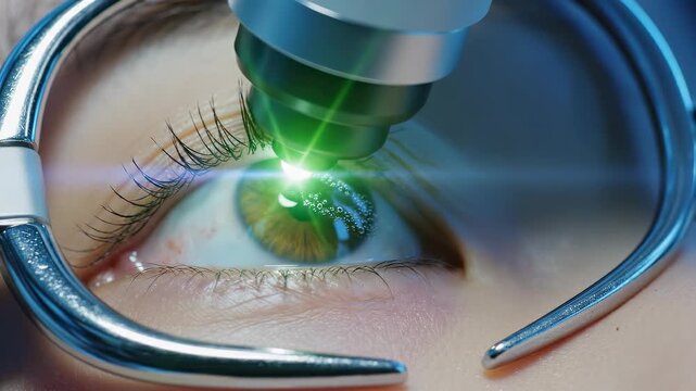 Laser eye treatment procedure close-up. Ophthalmologist uses advanced technology for vision correction. Patient relaxes in clinic, feeling safe and assured during surgery.