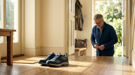 予防医療キャンペーン向けの、フォトリアルでシネマティックなスチル写真。
明るい早朝の室内、玄関付近の木製フロアに、清潔なウォーキングシューズが整然と並べられている。

横から力強く差し込む朝の自然光が、床にあたたかな輝きを与え、やわらかく自然な影を落とす。過度にドラマチックではなく、現実的で心地よい光の描写。