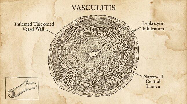 Vasculitis medical illustration - inflamed vessel wall, leukocytic infiltration, narrowed lumen.