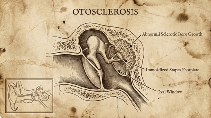Vintage Otosclerosis Diagram Illustrates Ear Bone Growth, Hearing Loss Condition.