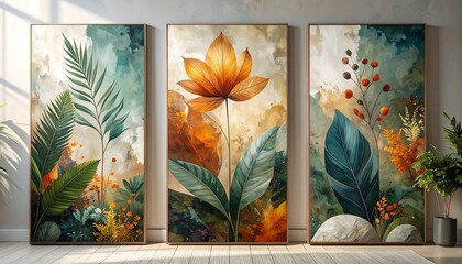 Three vibrant floral paintings on a wall