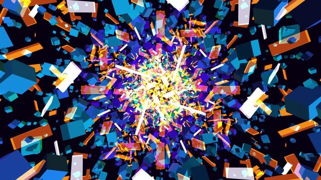 Dense 3D brutalist quantum computing cavern of biological transistor cubes. Floating holographic shards in deep violet. Mathematically perfect seamless loop. Procedural 4K motion graphics algorithm.