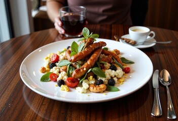 Deliciously Crafted Gourmet Dish Featuring Sausages, Fresh Vegetables, Berries, and Herbs Artfully Presented on a White Plate with Coffee