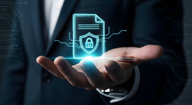 Data security concept with a hand presenting a glowing digital document icon with a shield and padlock