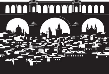 Naklejka premium European city skyline vector silhouette with bridge arches and old buildings for line art