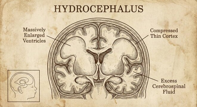 Vintage medical illustration hydrocephalus brain, enlarged ventricles, compressed cortex.