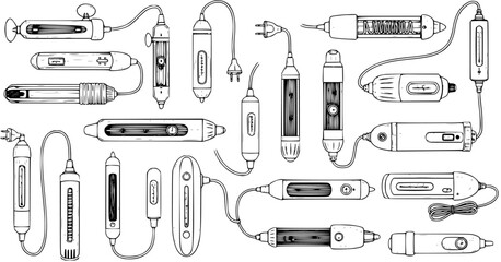 Obraz premium Vintage Medical Electrotherapy Tools: Hand-Drawn Collection