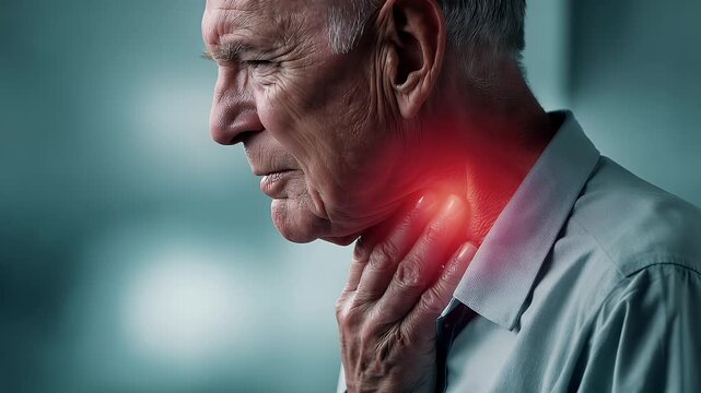 Senior man with sore throat or difficulty swallowing