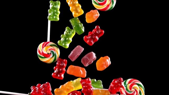 Falling candy sweets gummy candy and lollipop falling on empty black background. Falling gummy bears loop isolated with an alpha channel