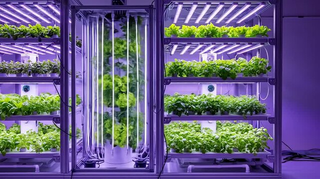 Indoor vertical farm with leafy greens growing under violet LED lights in metal shelving