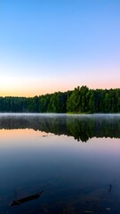 Fototapeta premium Serene lake reflecting a forest line during sunset with soft pastel sky tones. Peaceful natural scenery.