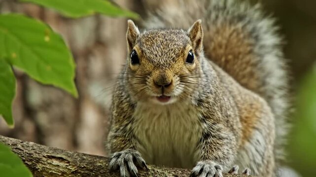 A close-up portrait of a gray squirrel with its mouth open, perched on a branch