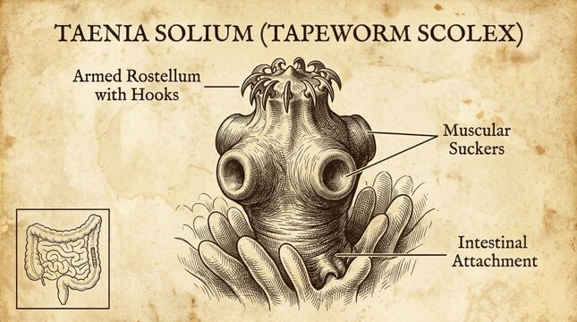 Detailed Taenia Solium Tapeworm Scolex Anatomy Diagram.