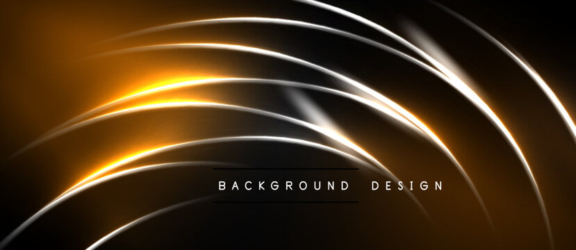 Abstract design features curved lines, glowing orange, white hues. Dark background creates dramatic visual effect. Modern, dynamic composition.