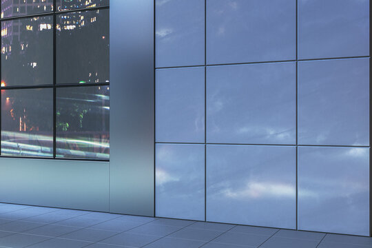 Modern exterior building facade with clean wall panels and empty contemporary copy space for signage on a quiet street at night."" 3D Rendering