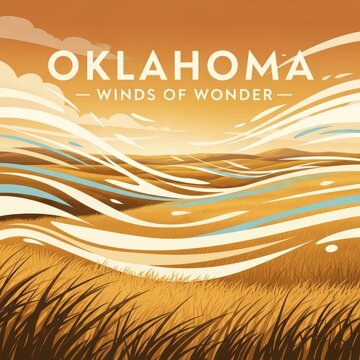Warm modern illustration of Oklahoma with plains, wind movement shapes, golden sky, lettering &ldquo;Oklahoma &mdash; Winds of Wonder&rdquo;