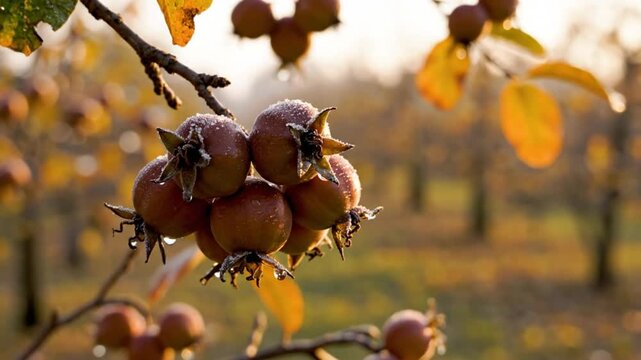 Ripe medlar fruit cluster with frost in autumn orchard, warm natural sunlight background