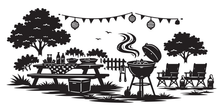 Summer Barbecue Silhouette, Vector Illustration, Isolated on White Background