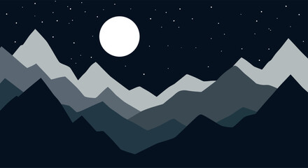 Obraz premium Minimalist flat design illustration of a serene mountain landscape at night with a full moon and stars
