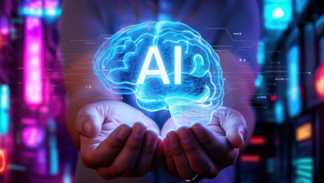 A person holding a glowing blue AI brain in their cupped hands