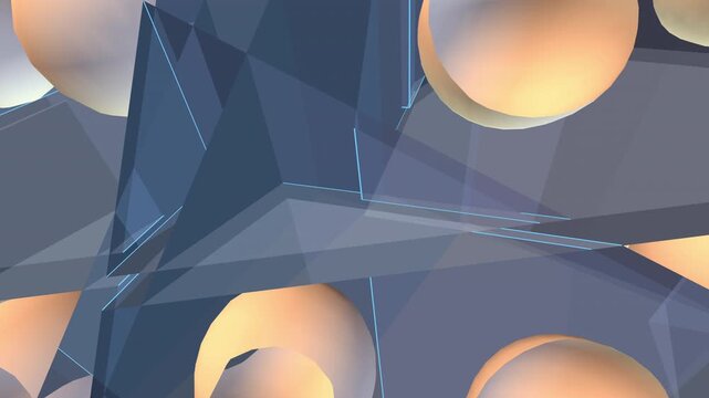 Procedural 3D octree grid with rotating metallic spheres and translucent glass encasements. Computed mathematical quantum bit matrix simulation. Seamless 4K loop for tech architecture backgrounds.