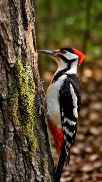 Woodpecker on tree with moss.