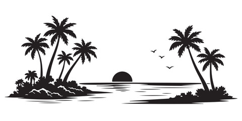 Summer Tropical Island Silhouette, Vector Illustration, Isolated on White Background © Hin