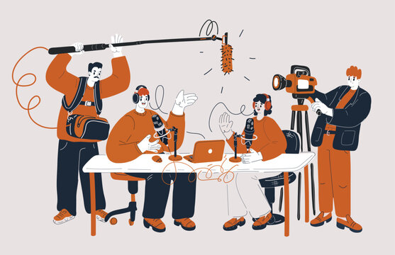 Cartoon vector illustration of bloggers on filming set interviewing each other, content creation and collaboration concept, camera and microphone as metaphor for storytelling and digital media interac