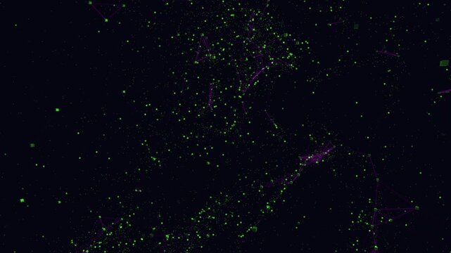 Procedural 3D particle fabric simulating a machine learning latent space. Dense abstract data nodes drift through a geometric vector field, forming glowing neural connections in a seamless 4K UHD loop