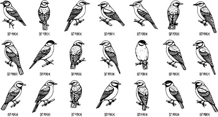 Hand-drawn black and white line art illustrations of diverse small birds perched on branches, a detailed vintage-style collection for nature and wildlife. © pixsource