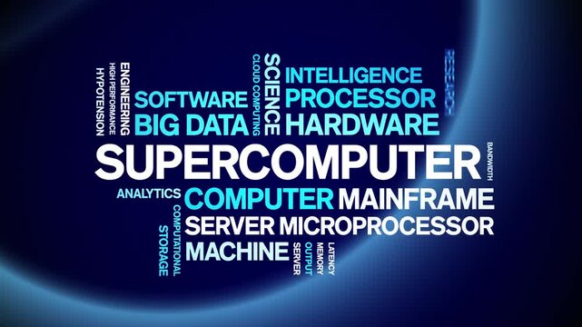 Supercomputer animated word cloud-text design animation tag kinetic typography seamless loop.