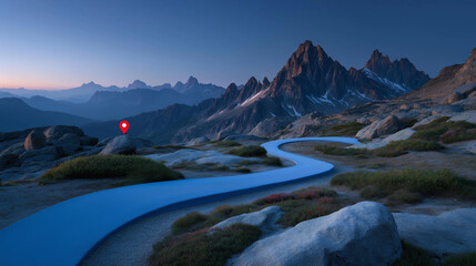 Fototapeta premium Unique neon blue road pathway rolling through a mountainous terrain, complimented by a glowing location marker indicating thrilling hikes. A breathtaking view of rocky peaks at sunrise, casting