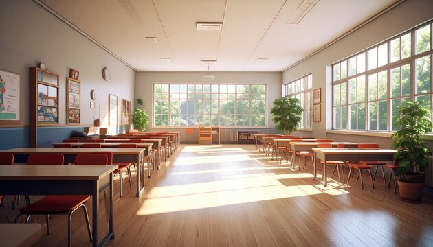 Empty classroom with large windows and bright sunlight streaming in