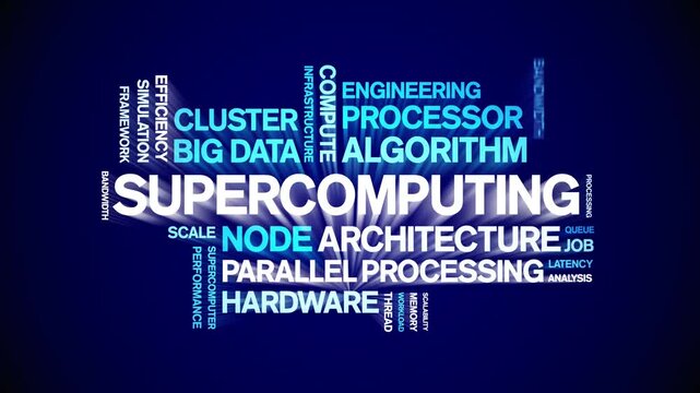 Supercomputing animated word cloud-text design animation tag kinetic typography seamless loop.