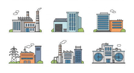 Collection of industrial factory buildings with smokestacks and modern architecture.