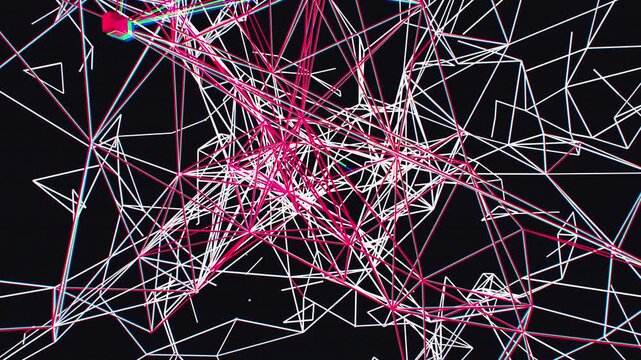 Micro-scale procedural neural network undergoing severe geometric data corruption. Dense points and glitching lines snap with chromatic aberration. Seamless 4K loop for tech and cybersecurity editing.