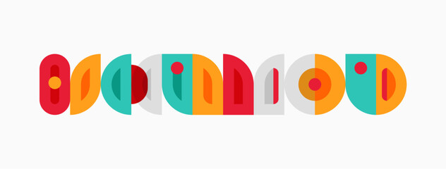 Colorful retro typography design. Geometric shapes form word, playful aesthetic. Bright hues create vibrant visual impact. © antishock