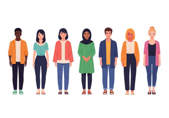 Obraz premium Diverse group of people standing together in a line, showcasing different cultures and styles